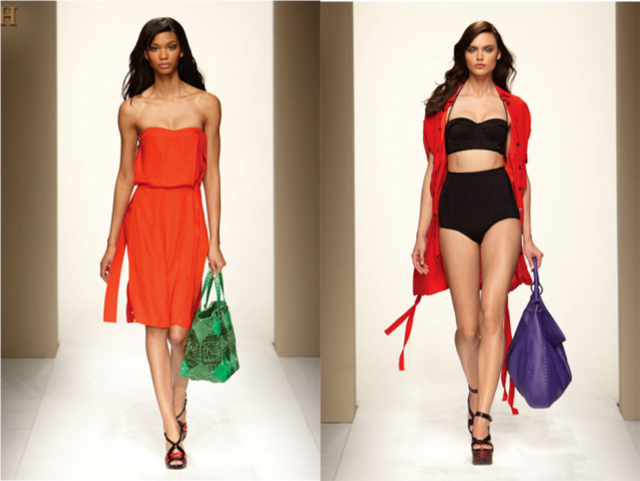 bottega-veneta-resort-2010-chanel-iman-orange-dress-green-bag-black-swimsuit-purple-bag