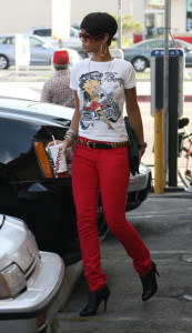 Rihanna Betty Boop tshirt and red jeans