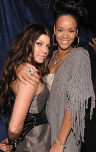 Rihanna in grey cable sweater with Fergie