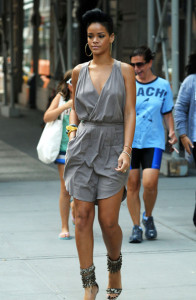 Rihanna in grey jumpsuit
