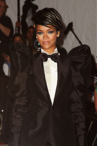Rihanna tux and blue eyeliner