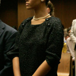 rihanna pearls and black shift in court rihanna pearls and black shift in court