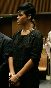 rihanna pearls and black shift in court
